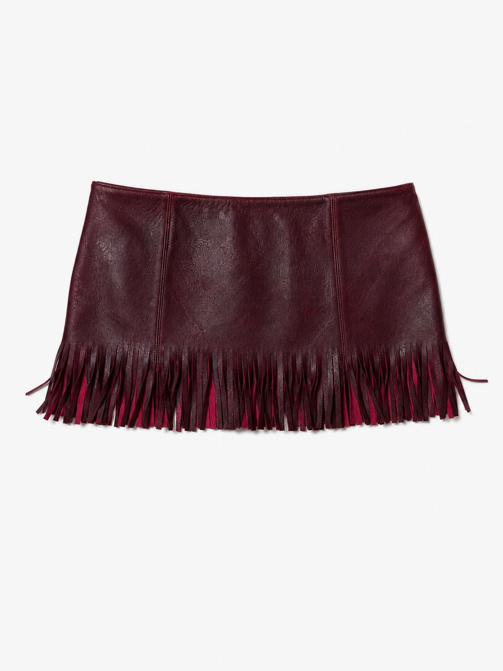 OXBLOOD LEATHER FRINGE MINI SKIRT