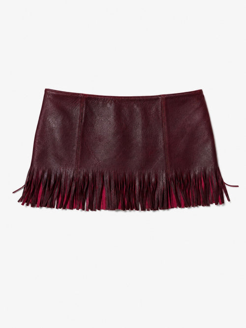 OXBLOOD LEATHER FRINGE MINI SKIRT