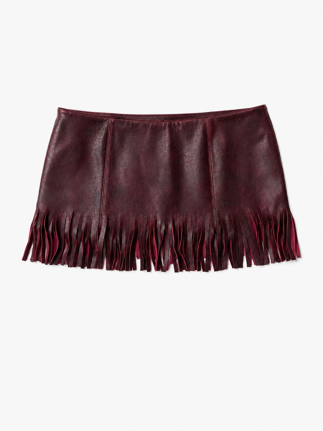 OXBLOOD LEATHER FRINGE MINI SKIRT